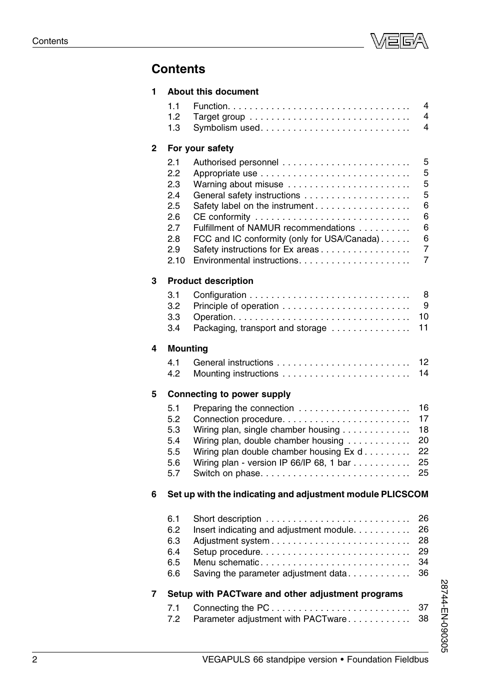 VEGA VEGAPULS 66 (≥ 2.0.0 - ≤ 3.8) standpipe ver. Foundation Fieldbus User Manual | Page 2 / 60