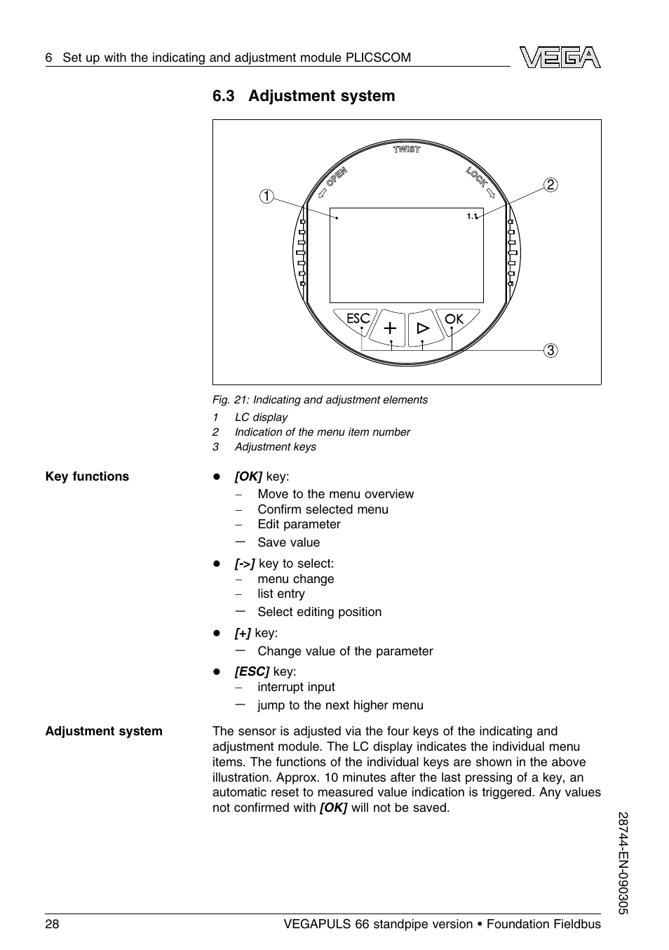 3 adjustment system | VEGA VEGAPULS 66 (≥ 2.0.0 - ≤ 3.8) standpipe ver. Foundation Fieldbus User Manual | Page 28 / 60