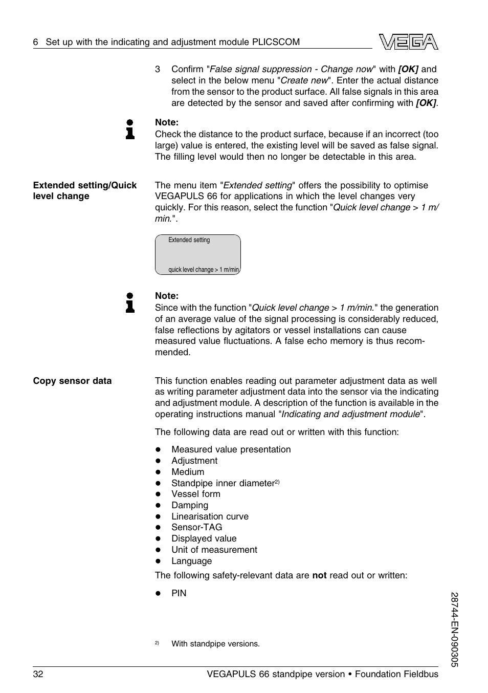 VEGA VEGAPULS 66 (≥ 2.0.0 - ≤ 3.8) standpipe ver. Foundation Fieldbus User Manual | Page 32 / 60