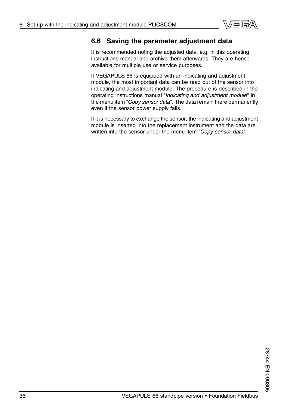 6 saving the parameter adjustment data | VEGA VEGAPULS 66 (≥ 2.0.0 - ≤ 3.8) standpipe ver. Foundation Fieldbus User Manual | Page 36 / 60