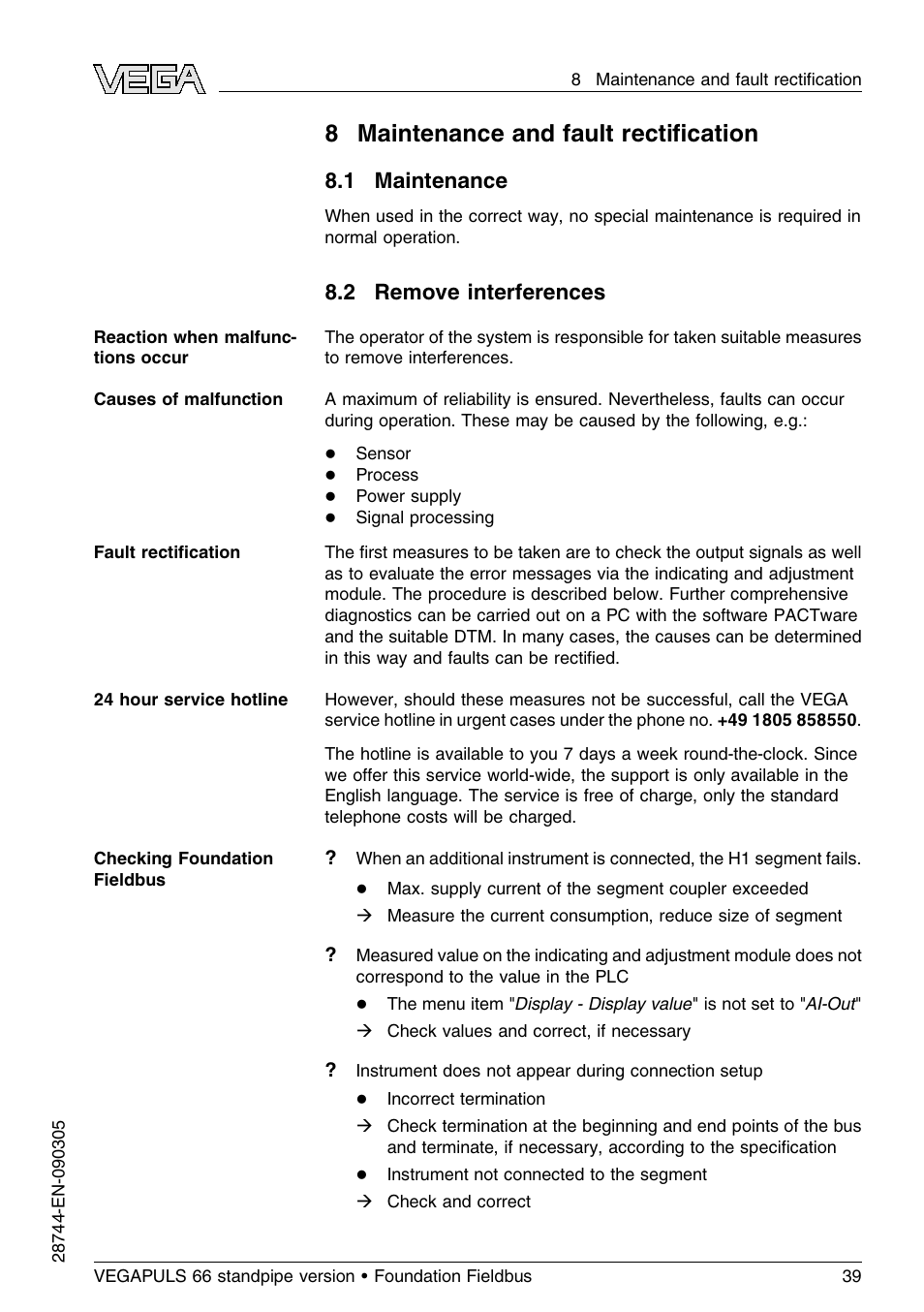 8 maintenance and fault rectification, 1 maintenance, 2 remove interferences | 8 maintenance and fault rectiﬁcation | VEGA VEGAPULS 66 (≥ 2.0.0 - ≤ 3.8) standpipe ver. Foundation Fieldbus User Manual | Page 39 / 60