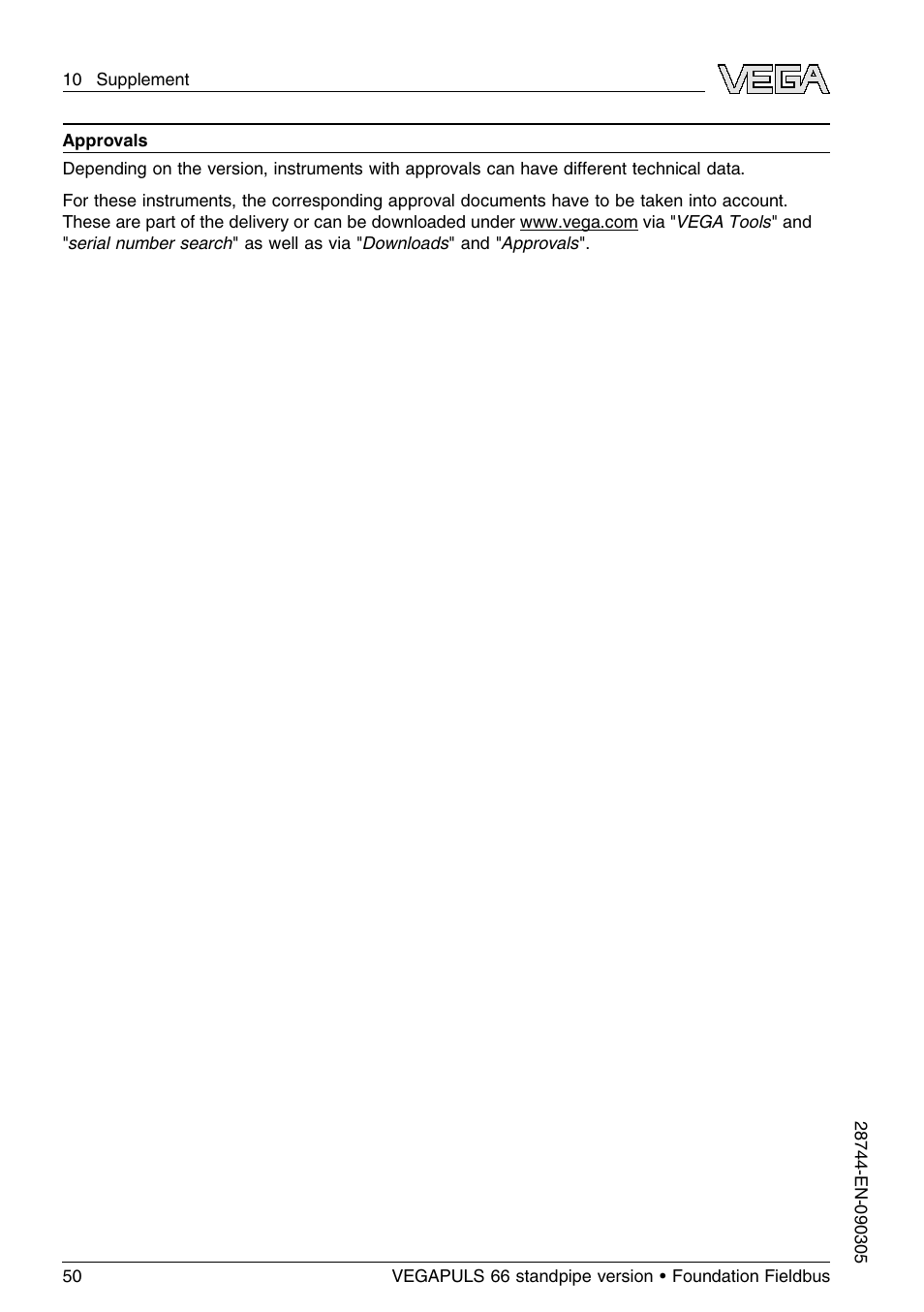 VEGA VEGAPULS 66 (≥ 2.0.0 - ≤ 3.8) standpipe ver. Foundation Fieldbus User Manual | Page 50 / 60