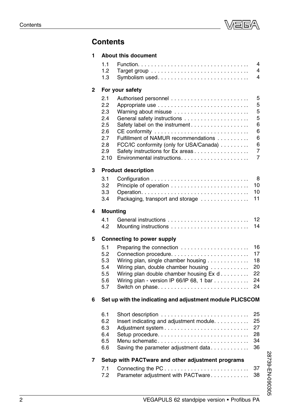 VEGA VEGAPULS 62 (≥ 2.0.0 - ≤ 3.8) standpipe ver. Proﬁbus PA User Manual | Page 2 / 60