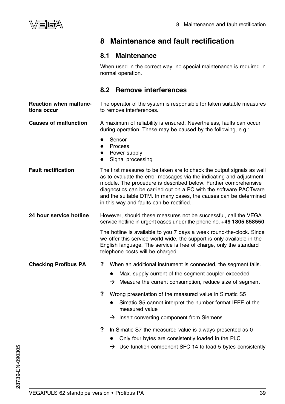 8 maintenance and fault rectification, 1 maintenance, 2 remove interferences | 8 maintenance and fault rectiﬁcation | VEGA VEGAPULS 62 (≥ 2.0.0 - ≤ 3.8) standpipe ver. Proﬁbus PA User Manual | Page 39 / 60