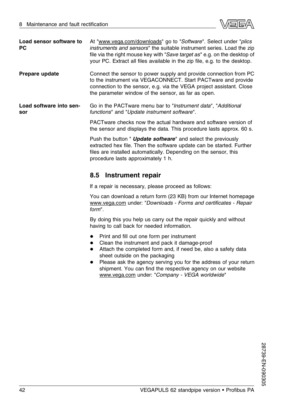 5 instrument repair | VEGA VEGAPULS 62 (≥ 2.0.0 - ≤ 3.8) standpipe ver. Proﬁbus PA User Manual | Page 42 / 60