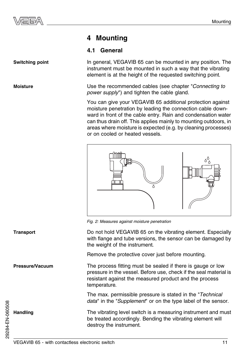 4 mounting, 1 general | VEGA VEGAVIB 65 - contactless electronic switch User Manual | Page 11 / 36