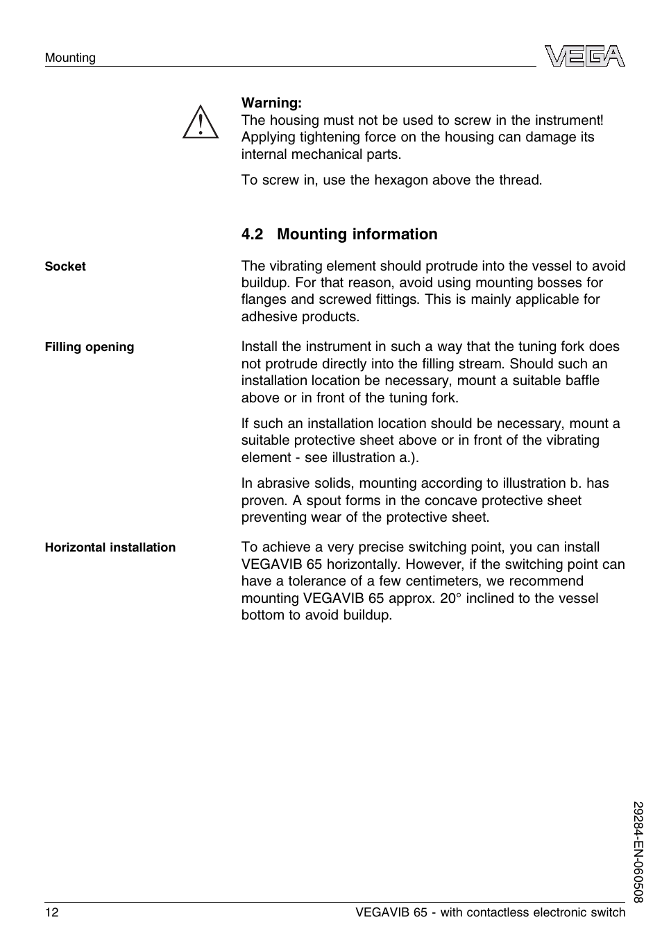 2 mounting information | VEGA VEGAVIB 65 - contactless electronic switch User Manual | Page 12 / 36