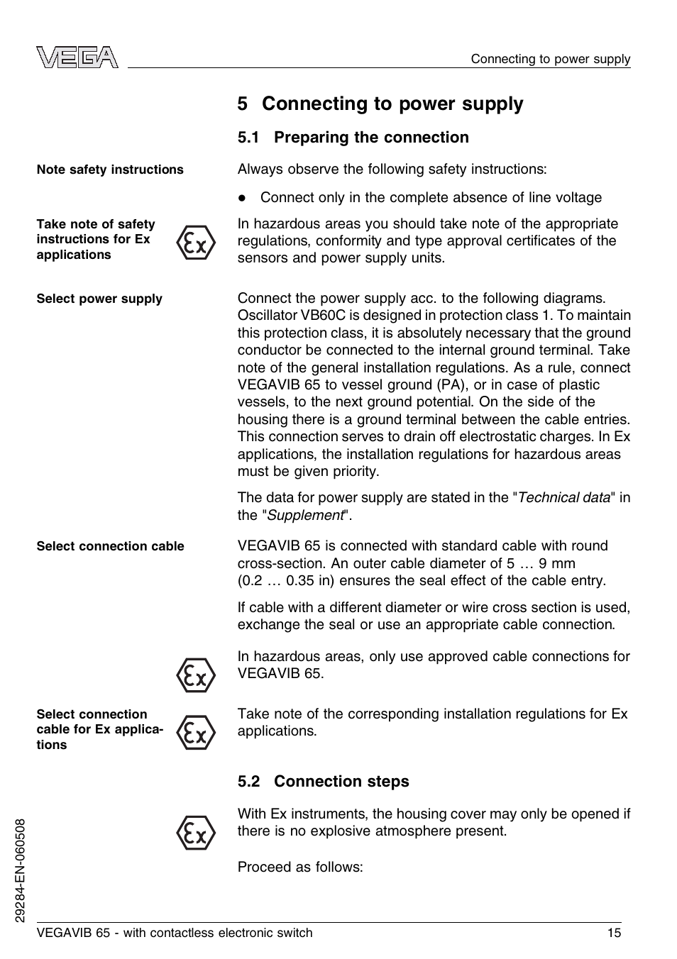 5 connecting to power supply, 1 preparing the connection, 2 connection steps | VEGA VEGAVIB 65 - contactless electronic switch User Manual | Page 15 / 36