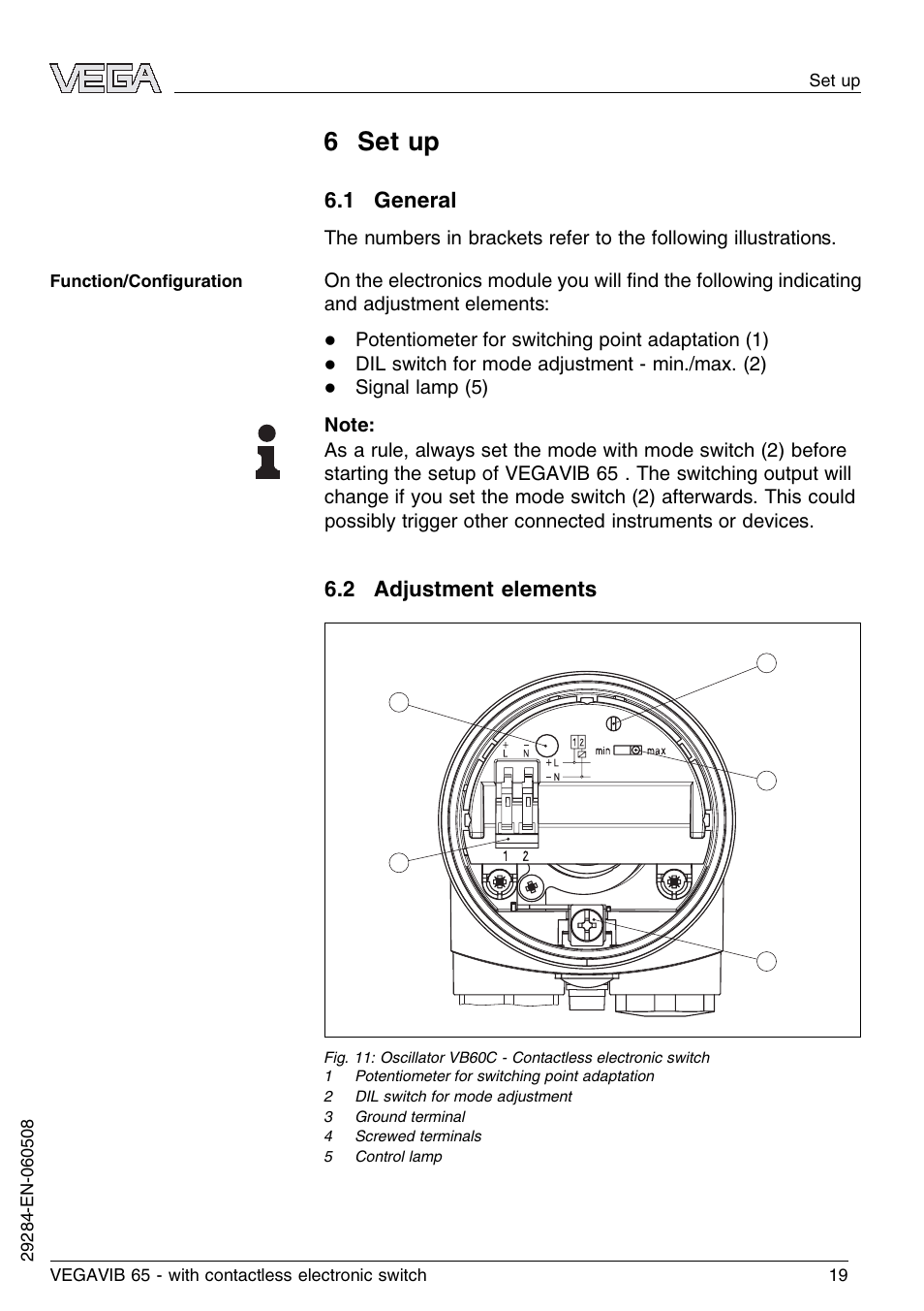6 set up, 1 general, 2 adjustment elements | VEGA VEGAVIB 65 - contactless electronic switch User Manual | Page 19 / 36