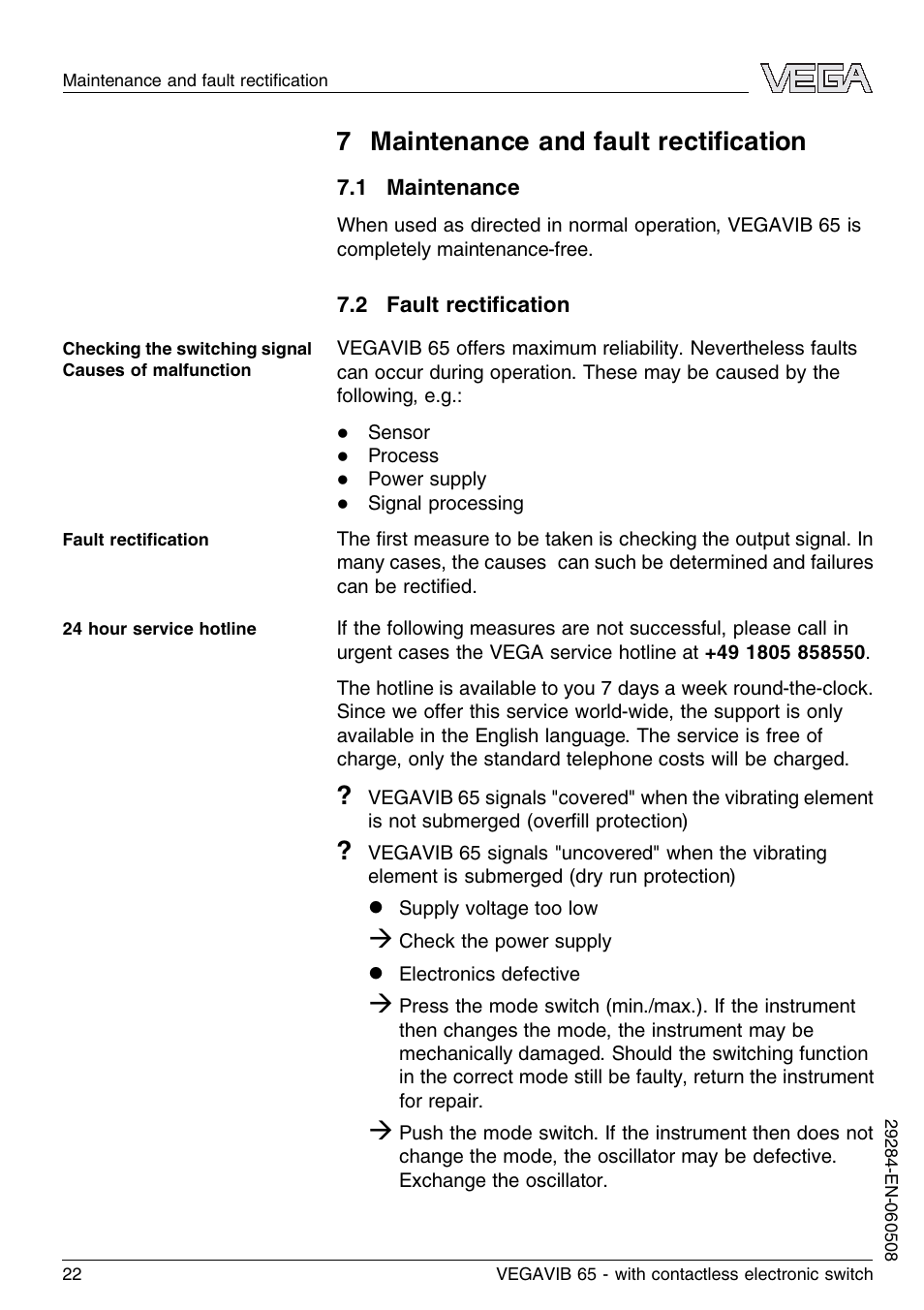 7 maintenance and fault rectification, 1 maintenance, 2 fault rectification | 7 maintenance and fault rectiﬁcation | VEGA VEGAVIB 65 - contactless electronic switch User Manual | Page 22 / 36