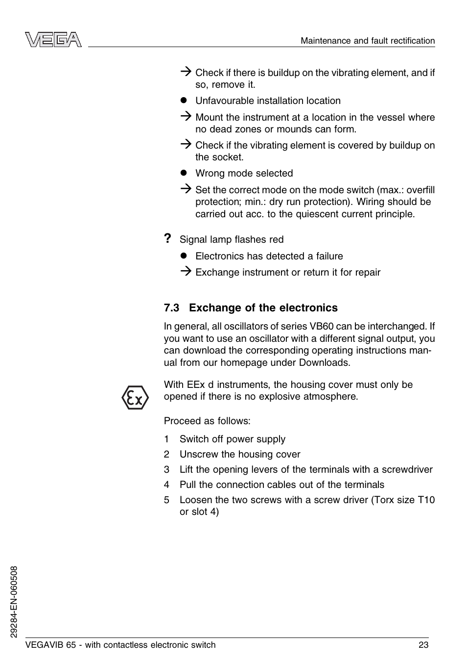 3 exchange of the electronics | VEGA VEGAVIB 65 - contactless electronic switch User Manual | Page 23 / 36