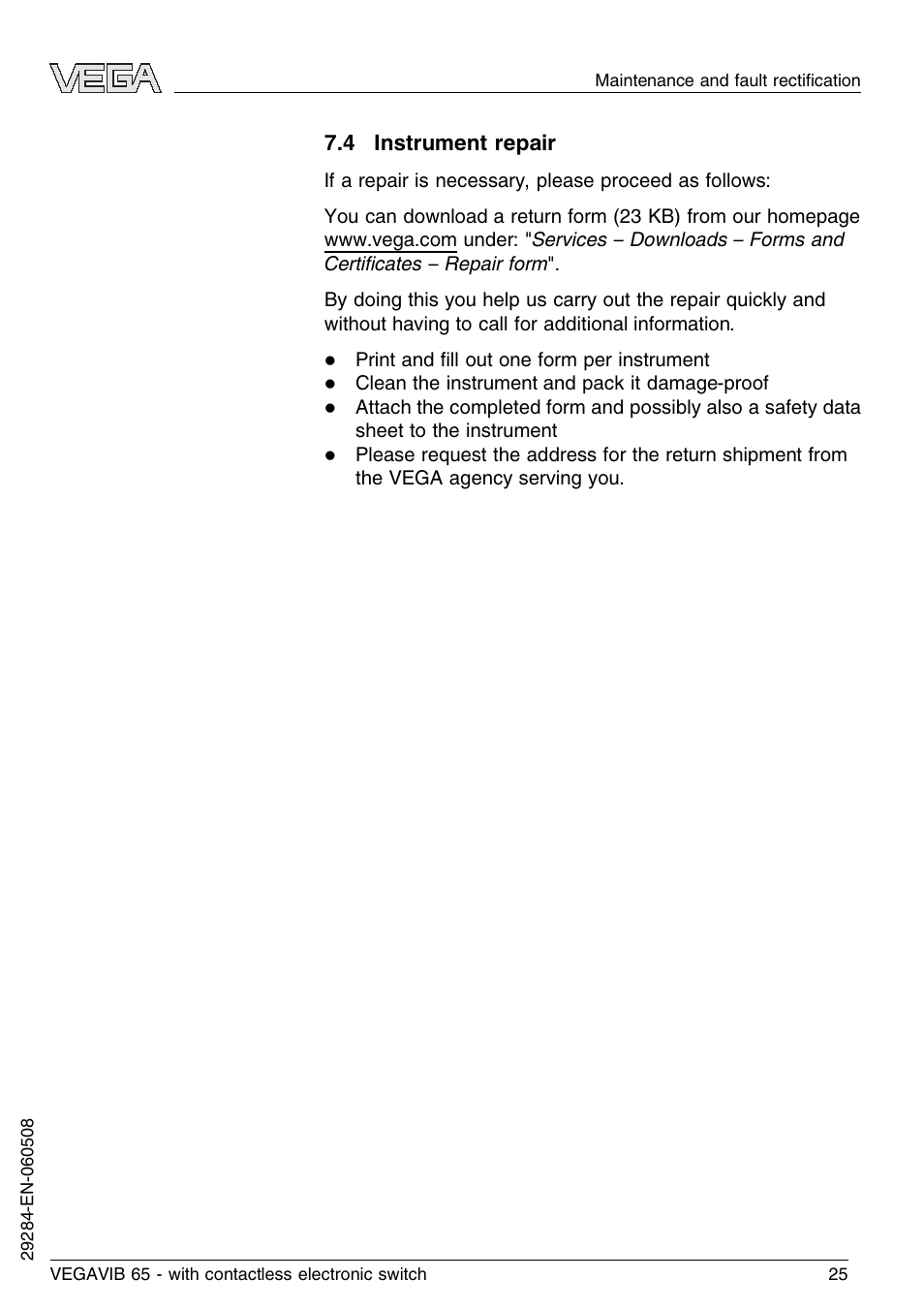 4 instrument repair | VEGA VEGAVIB 65 - contactless electronic switch User Manual | Page 25 / 36