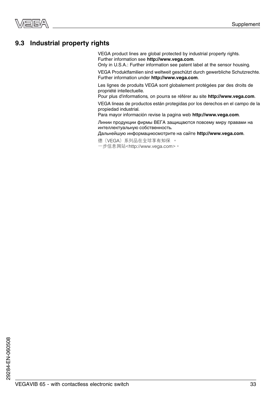 3 industrial property rights | VEGA VEGAVIB 65 - contactless electronic switch User Manual | Page 33 / 36