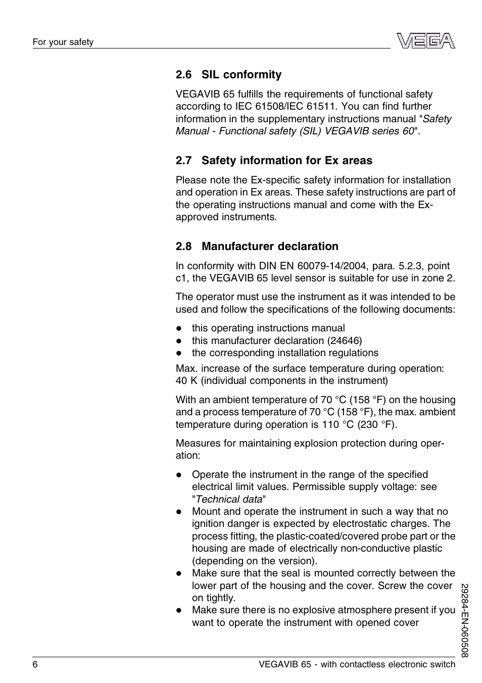 6 sil conformity, 7 safety information for ex areas, 8 manufacturer declaration | VEGA VEGAVIB 65 - contactless electronic switch User Manual | Page 6 / 36