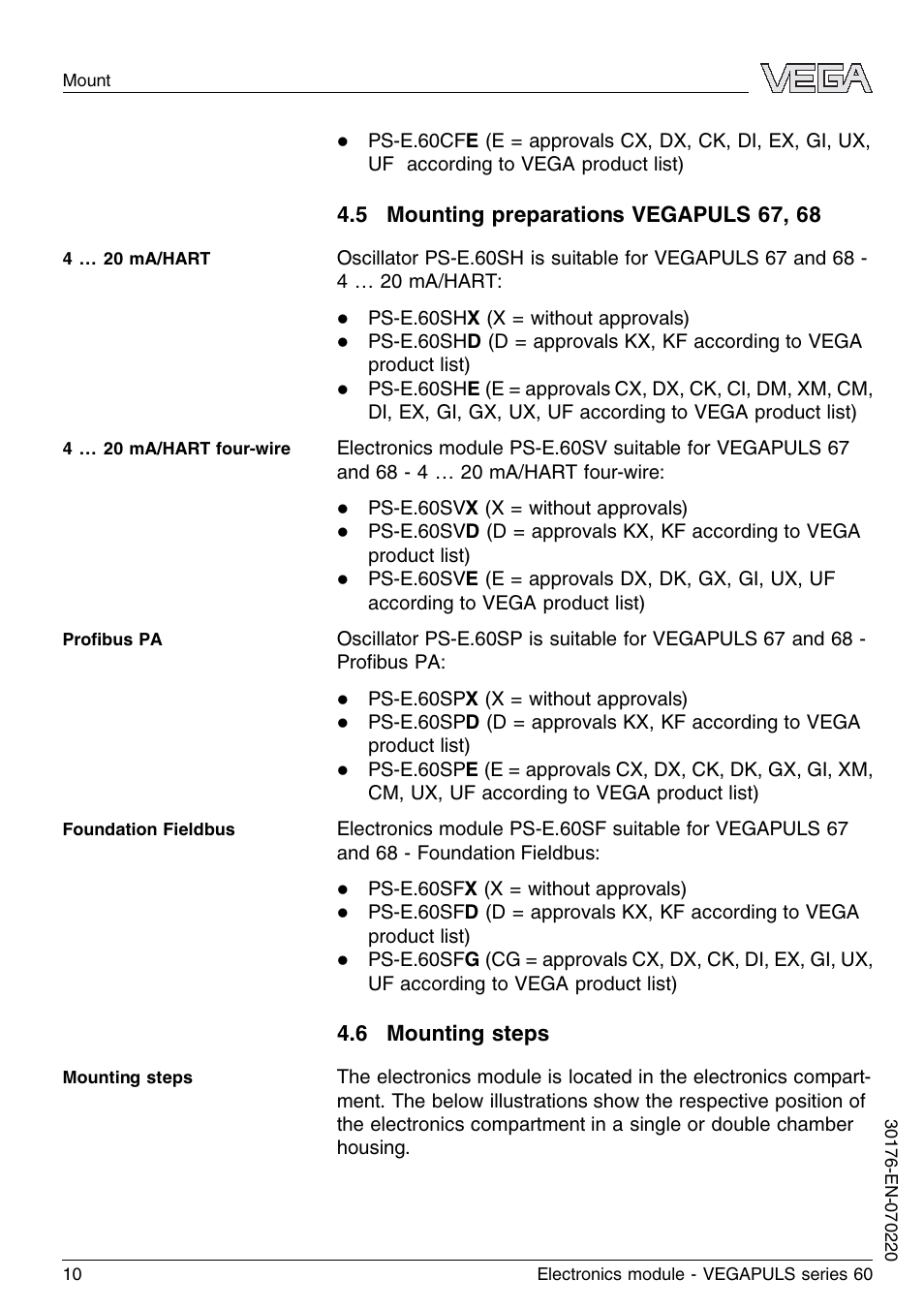 5 mounting preparations vegapuls 67, 68, 6 mounting steps | VEGA VEGAPULS series 60 Electronics module (≥ 2.0.0 - ≤ 3.8) User Manual | Page 10 / 20