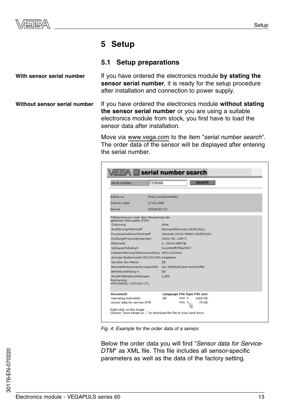 5 setup, 1 setup preparations | VEGA VEGAPULS series 60 Electronics module (≥ 2.0.0 - ≤ 3.8) User Manual | Page 13 / 20