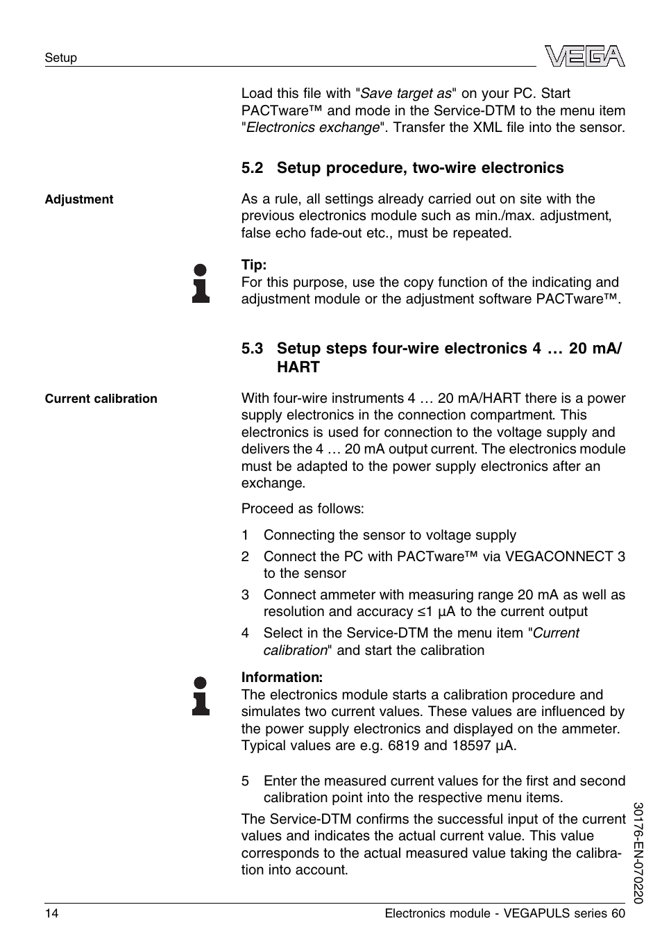 2 setup procedure, two–wire electronics | VEGA VEGAPULS series 60 Electronics module (≥ 2.0.0 - ≤ 3.8) User Manual | Page 14 / 20