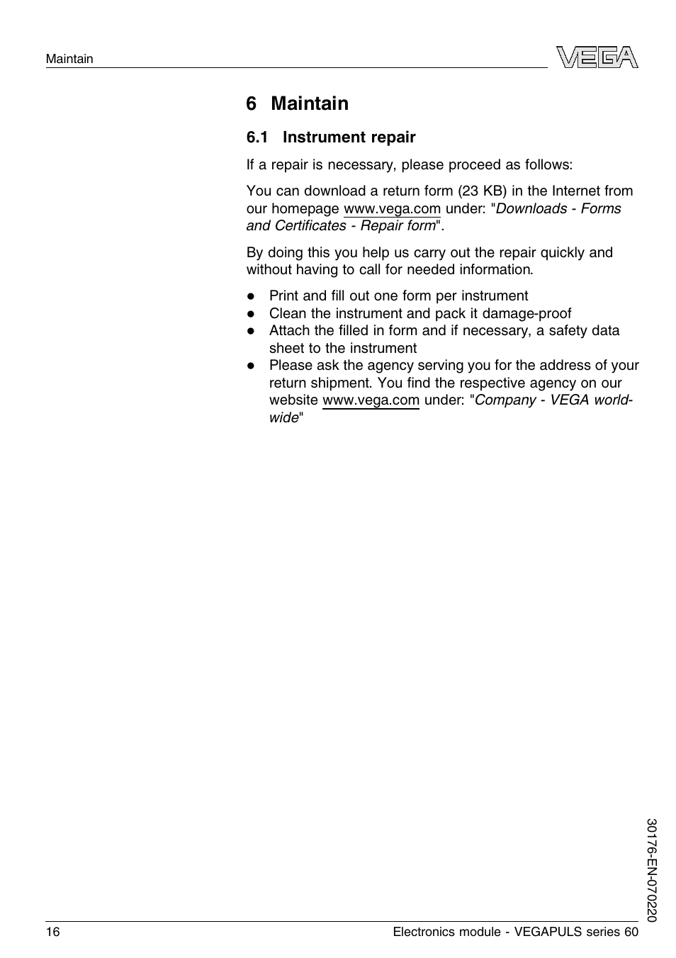 6 maintain, 1 instrument repair | VEGA VEGAPULS series 60 Electronics module (≥ 2.0.0 - ≤ 3.8) User Manual | Page 16 / 20