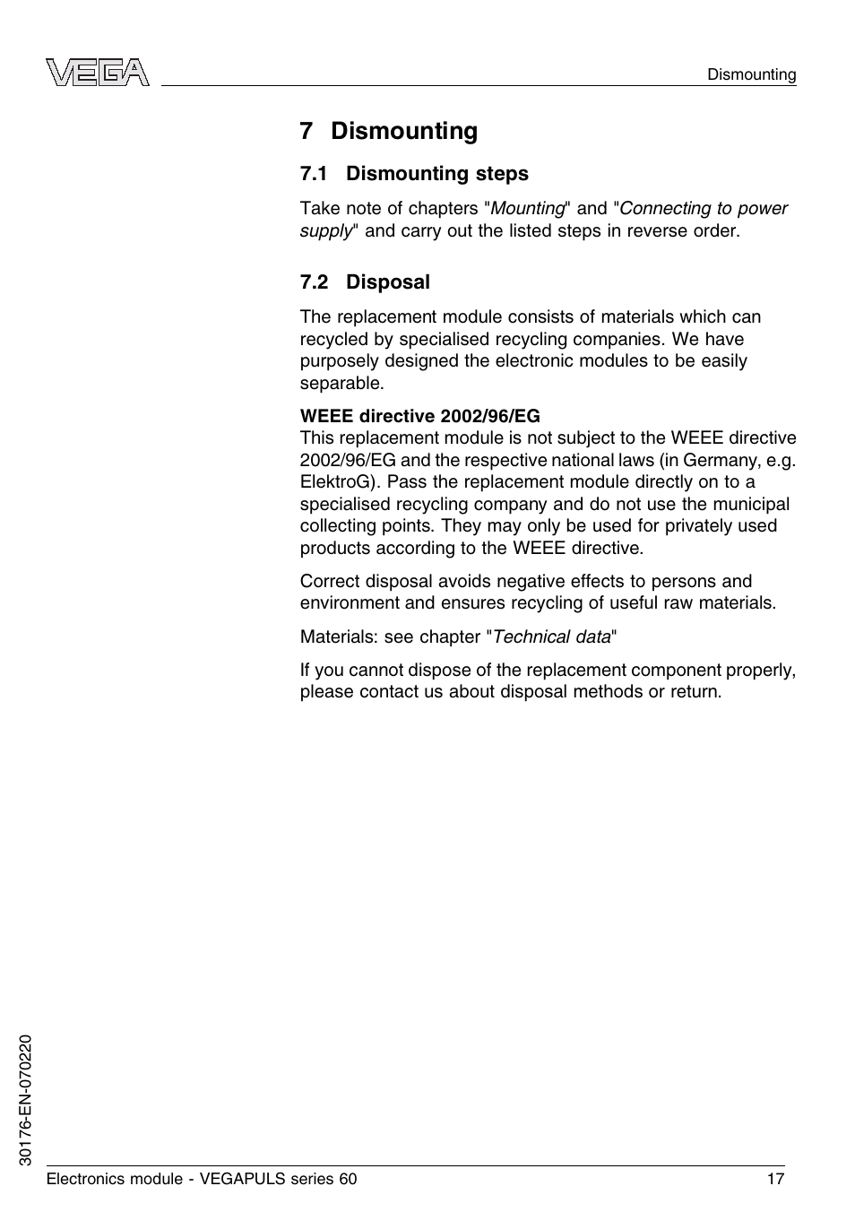 7 dismounting, 1 dismounting steps, 2 disposal | VEGA VEGAPULS series 60 Electronics module (≥ 2.0.0 - ≤ 3.8) User Manual | Page 17 / 20