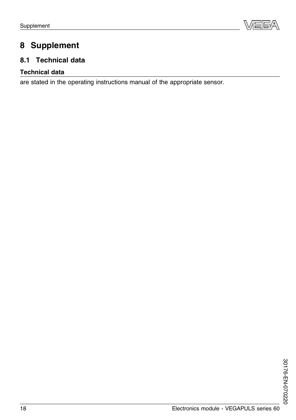 8 supplement, 1 technical data | VEGA VEGAPULS series 60 Electronics module (≥ 2.0.0 - ≤ 3.8) User Manual | Page 18 / 20