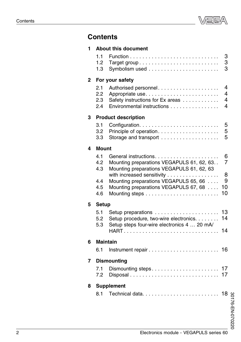 VEGA VEGAPULS series 60 Electronics module (≥ 2.0.0 - ≤ 3.8) User Manual | Page 2 / 20