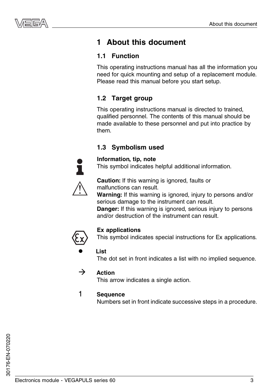 1 about this document, 1 function, 2 target group | 3 symbolism used | VEGA VEGAPULS series 60 Electronics module (≥ 2.0.0 - ≤ 3.8) User Manual | Page 3 / 20