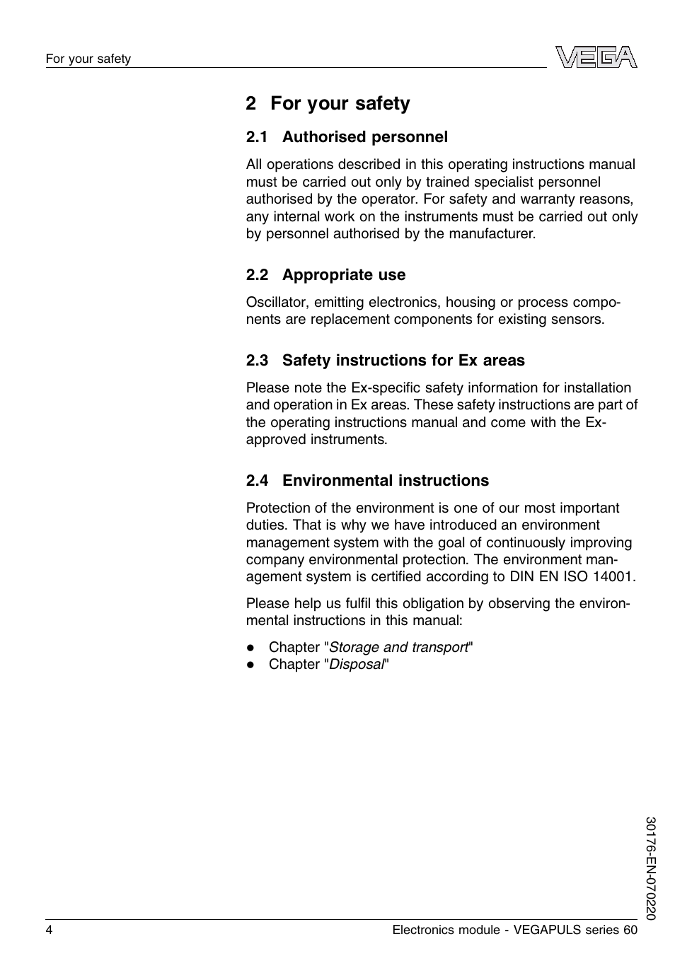 2 for your safety, 1 authorised personnel, 2 appropriate use | 3 safety instructions for ex areas, 4 environmental instructions | VEGA VEGAPULS series 60 Electronics module (≥ 2.0.0 - ≤ 3.8) User Manual | Page 4 / 20