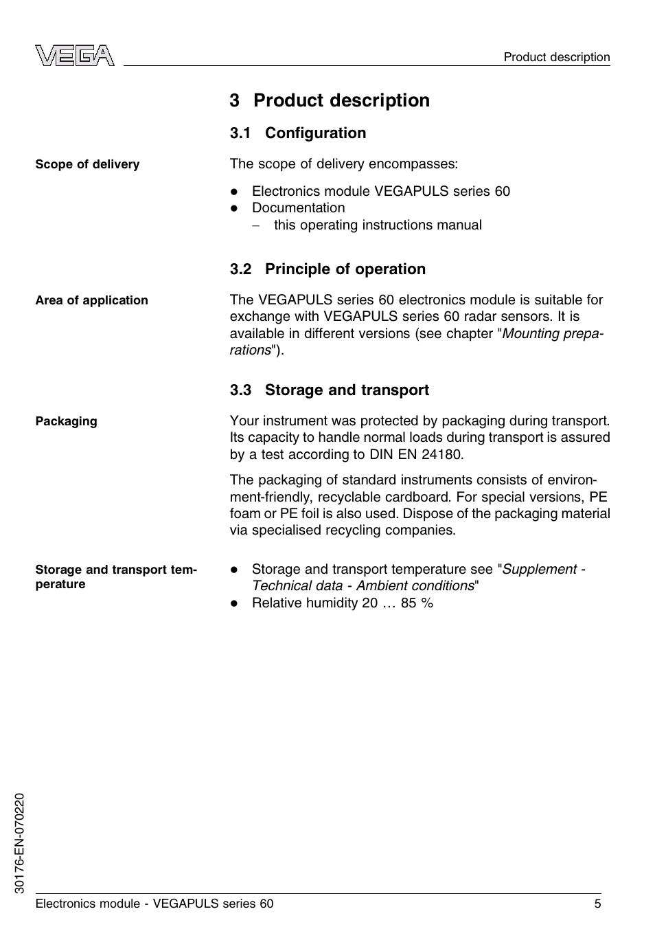 3 product description, 1 configuration, 2 principle of operation | 3 storage and transport | VEGA VEGAPULS series 60 Electronics module (≥ 2.0.0 - ≤ 3.8) User Manual | Page 5 / 20