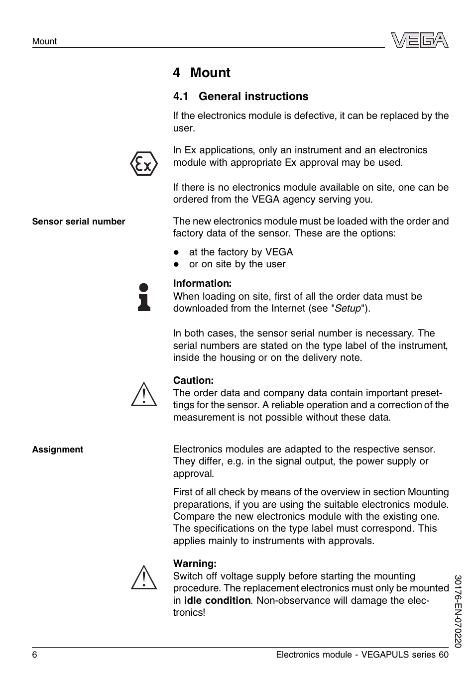 4 mount, 1 general instructions | VEGA VEGAPULS series 60 Electronics module (≥ 2.0.0 - ≤ 3.8) User Manual | Page 6 / 20