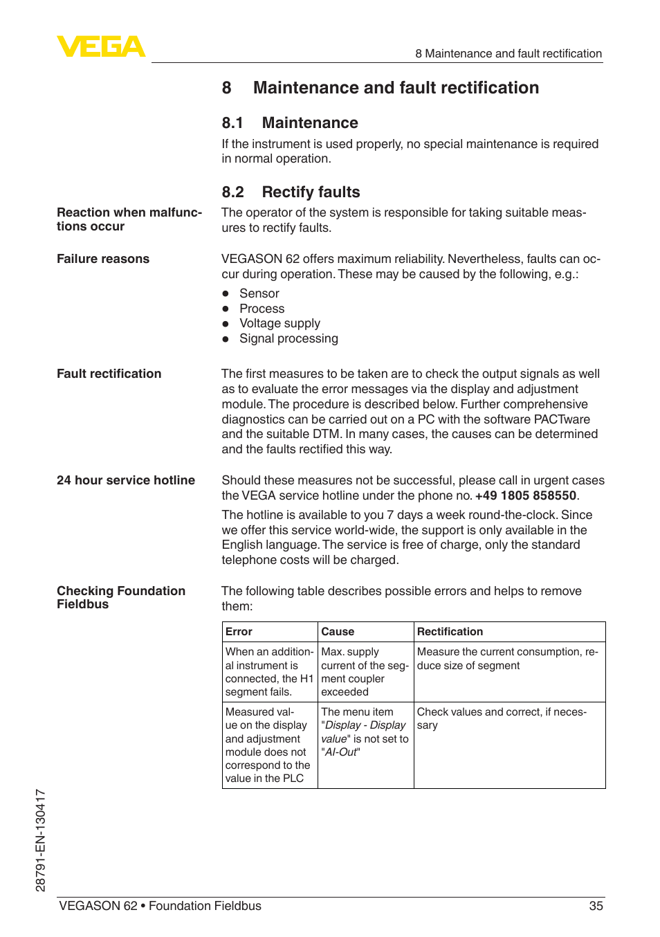 8 maintenance and fault rectification, 1 maintenance, 2 rectify faults | VEGA VEGASON 62 Foundation Fieldbus User Manual | Page 35 / 52