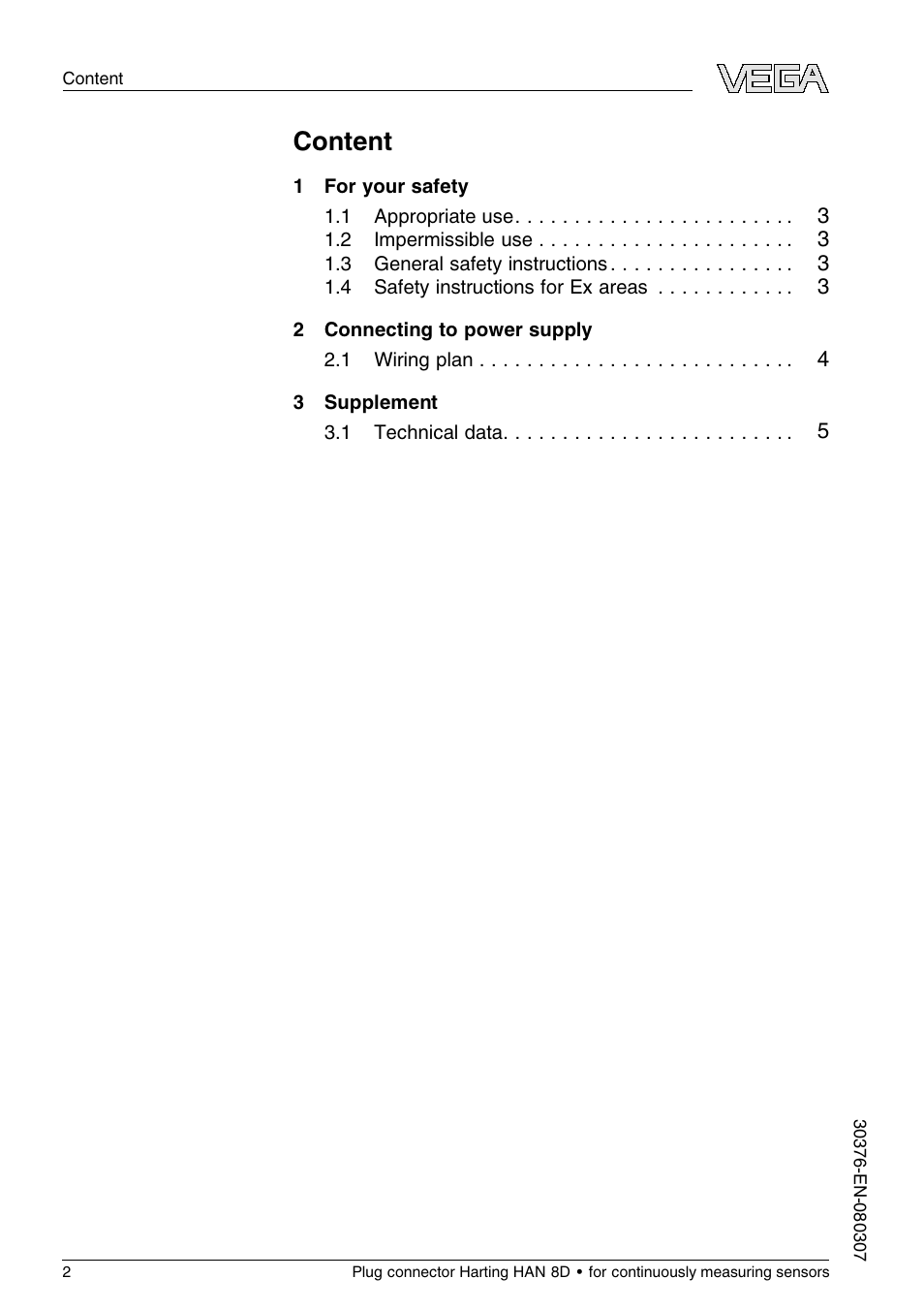 Content | VEGA Plug connector Harting HAN 8D for continuously measuring sensors User Manual | Page 2 / 8