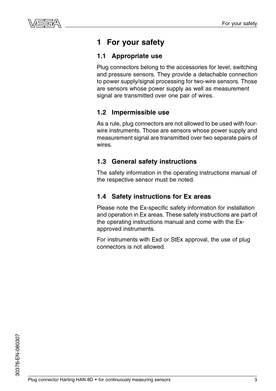 1 for your safety, 1 appropriate use, 2 impermissible use | 3 general safety instructions, 4 safety instructions for ex areas, 1 f or your safety | VEGA Plug connector Harting HAN 8D for continuously measuring sensors User Manual | Page 3 / 8