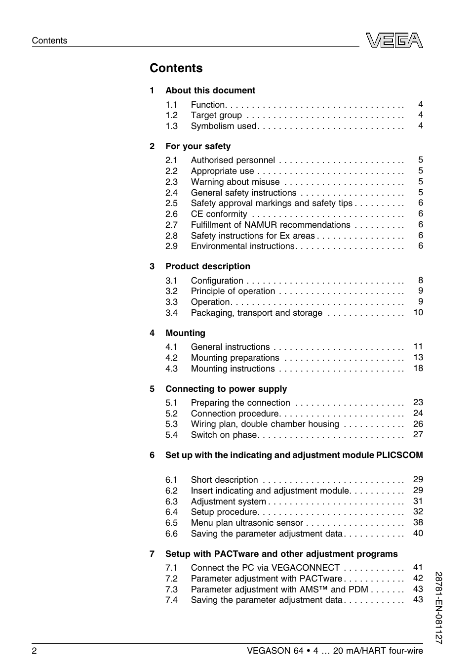 VEGA VEGASON 64 4 … 20 mA_HART four-wire User Manual | Page 2 / 60