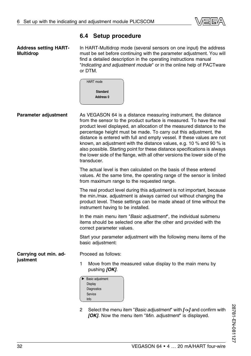 4 setup procedure | VEGA VEGASON 64 4 … 20 mA_HART four-wire User Manual | Page 32 / 60