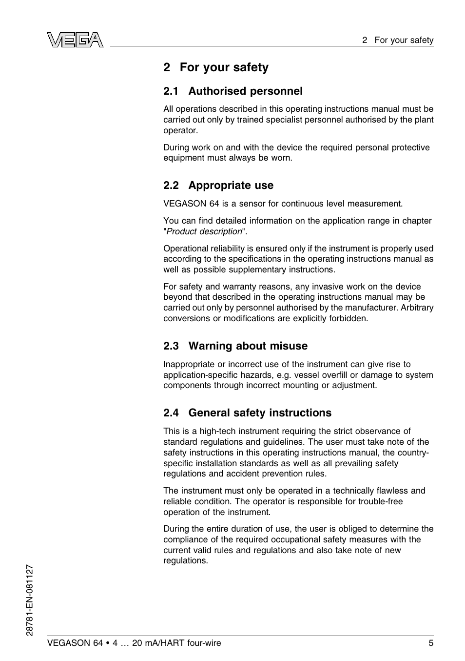 2 for your safety, 1 authorised personnel, 2 appropriate use | 3 warning about misuse, 4 general safety instructions | VEGA VEGASON 64 4 … 20 mA_HART four-wire User Manual | Page 5 / 60