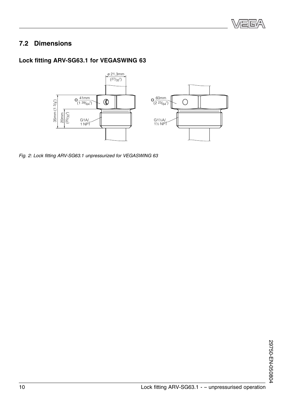 2 dimensions | VEGA VEGASWING 63 Lock ﬁtting ARV-SG63.1 – unpressurised operation User Manual | Page 10 / 12