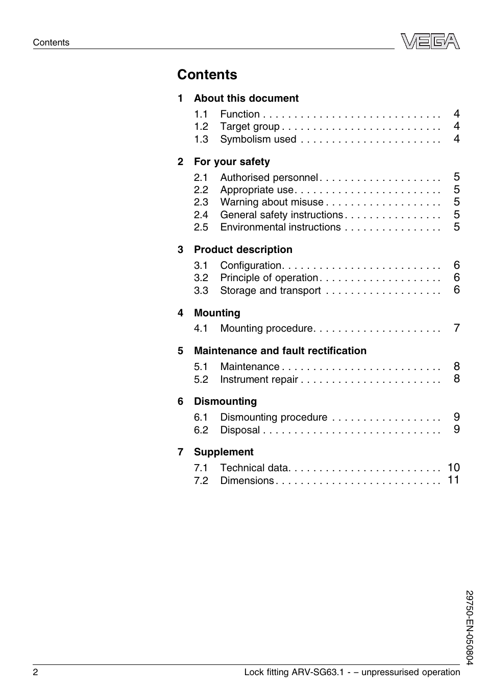 VEGA VEGASWING 63 Lock ﬁtting ARV-SG63.1 – unpressurised operation User Manual | Page 2 / 12