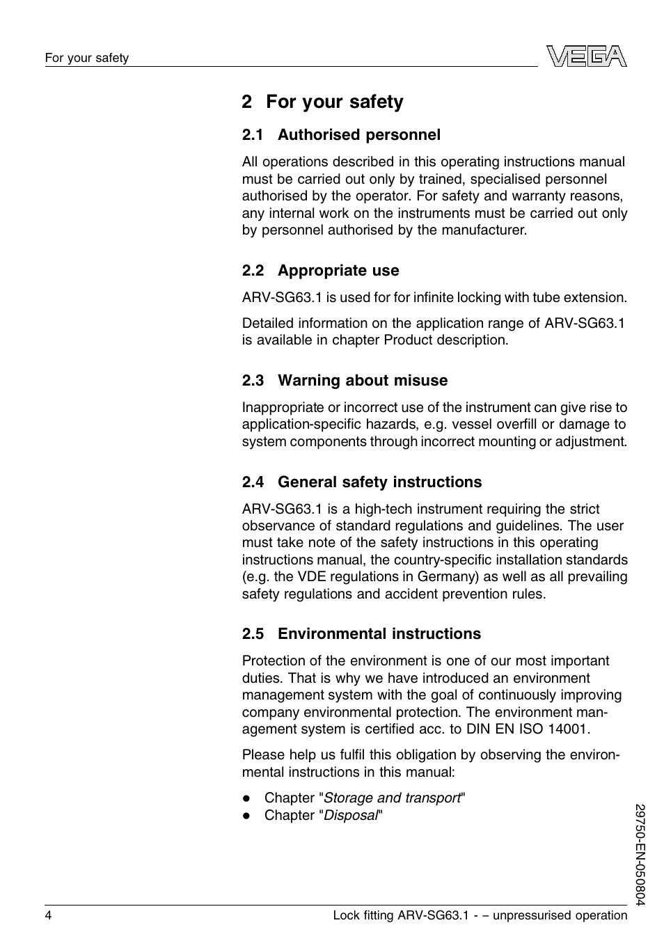 2 for your safety, 1 authorised personnel, 2 appropriate use | 3 warning about misuse, 4 general safety instructions, 5 environmental instructions | VEGA VEGASWING 63 Lock ﬁtting ARV-SG63.1 – unpressurised operation User Manual | Page 4 / 12