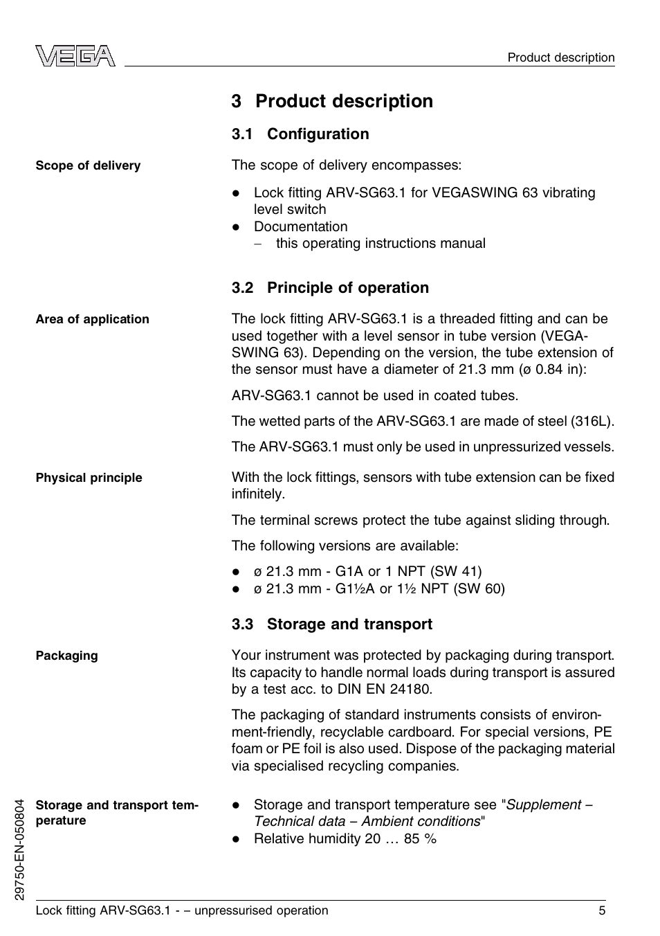 3 product description, 1 configuration, 2 principle of operation | 3 storage and transport | VEGA VEGASWING 63 Lock ﬁtting ARV-SG63.1 – unpressurised operation User Manual | Page 5 / 12
