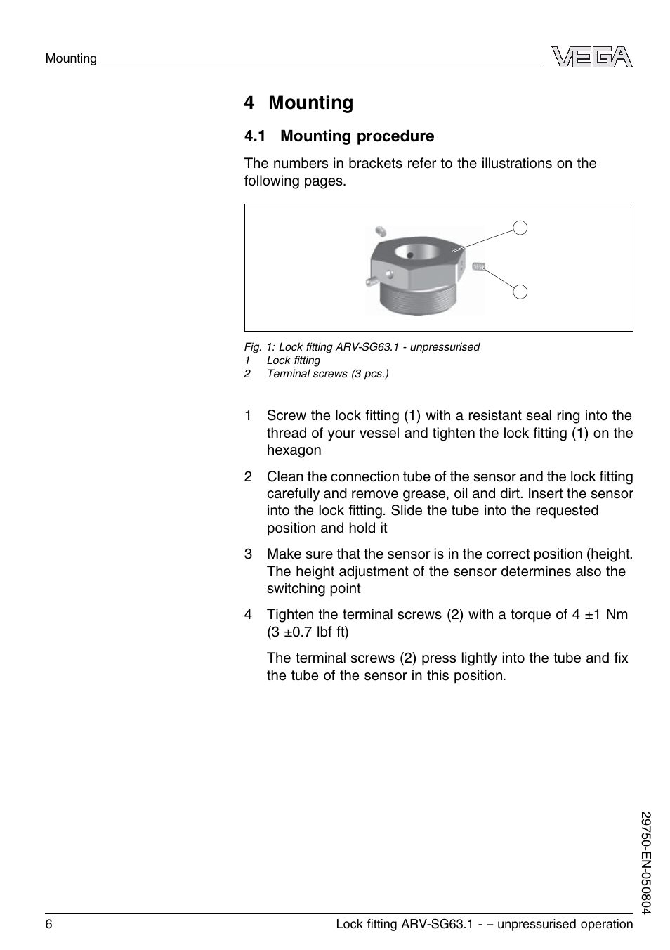 4 mounting, 1 mounting procedure | VEGA VEGASWING 63 Lock ﬁtting ARV-SG63.1 – unpressurised operation User Manual | Page 6 / 12