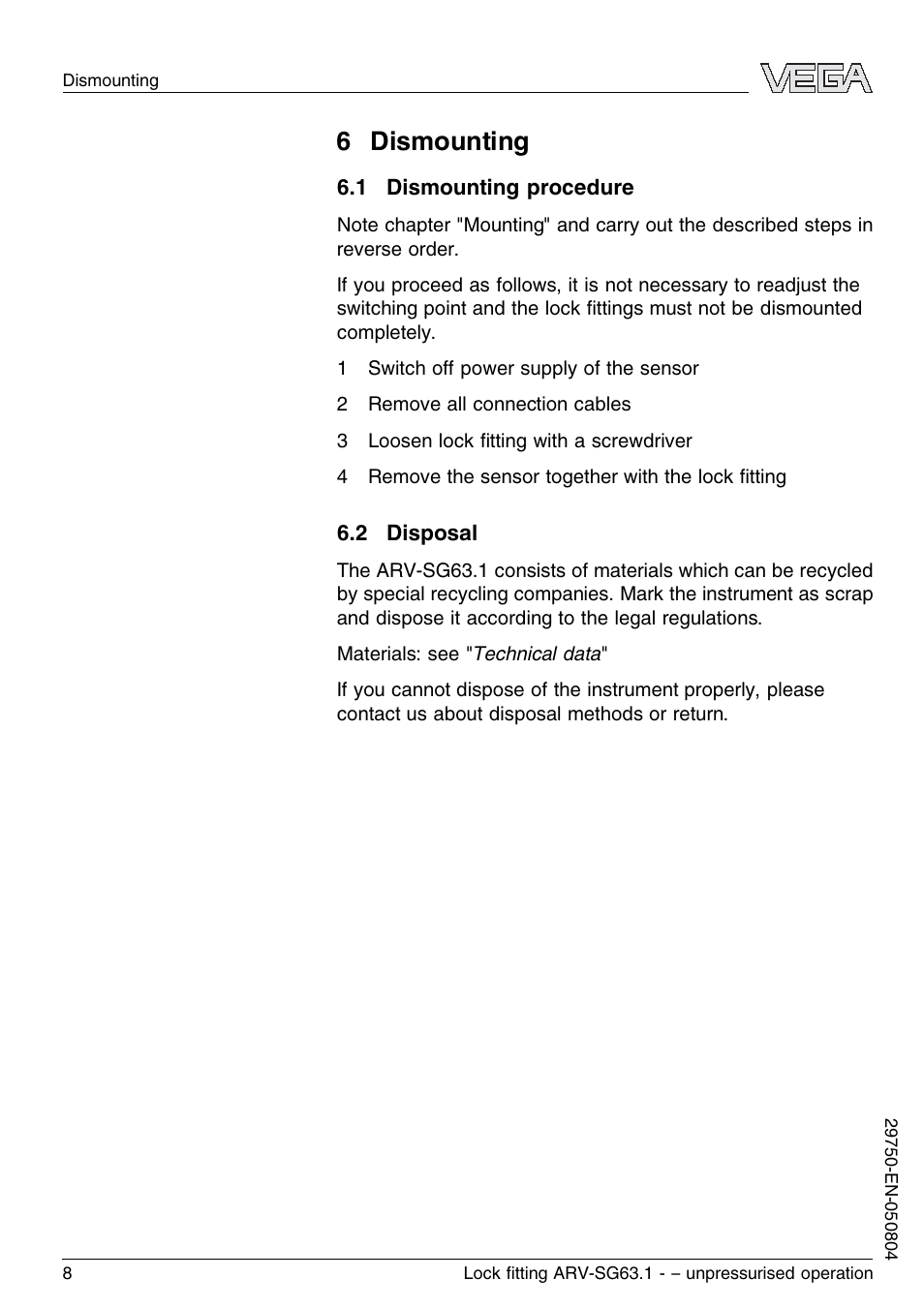 6 dismounting, 1 dismounting procedure, 2 disposal | VEGA VEGASWING 63 Lock ﬁtting ARV-SG63.1 – unpressurised operation User Manual | Page 8 / 12