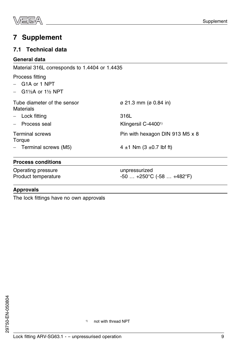 7 supplement, 1 technical data | VEGA VEGASWING 63 Lock ﬁtting ARV-SG63.1 – unpressurised operation User Manual | Page 9 / 12