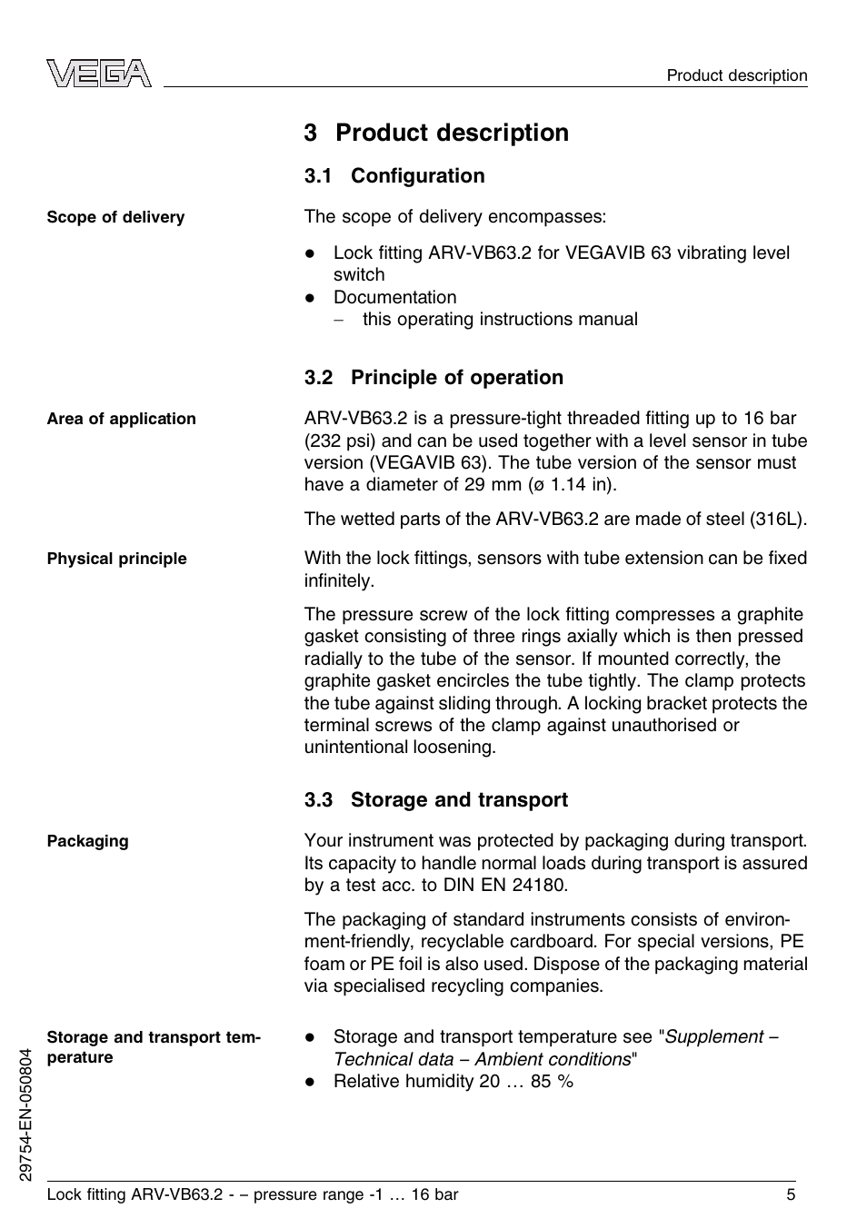 3 product description, 1 configuration, 2 principle of operation | 3 storage and transport | VEGA VEGAVIB 63 Lock ﬁtting ARV-VB63.2 - pressure range: -1…16 bar User Manual | Page 5 / 16