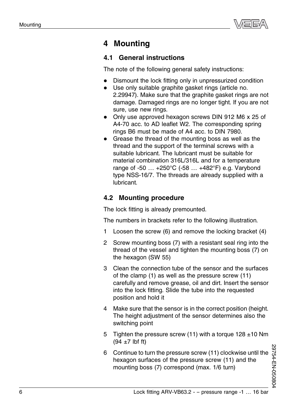 4 mounting, 1 general instructions, 2 mounting procedure | VEGA VEGAVIB 63 Lock ﬁtting ARV-VB63.2 - pressure range: -1…16 bar User Manual | Page 6 / 16