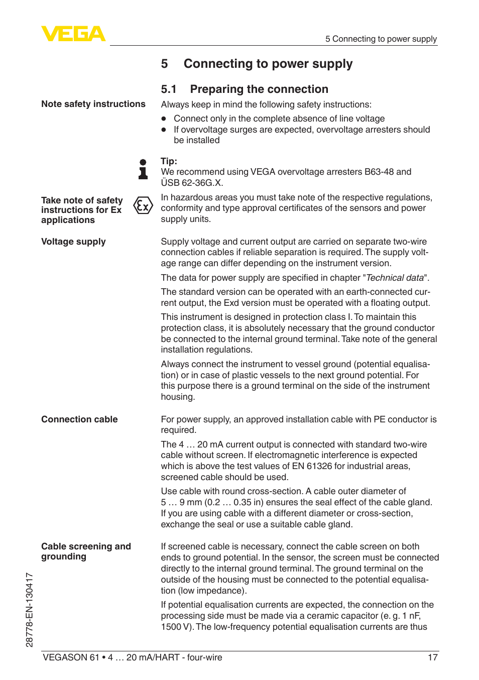 5 connecting to power supply, 1 preparing the connection | VEGA VEGASON 61 4 … 20 mA_HART - four-wire User Manual | Page 17 / 48