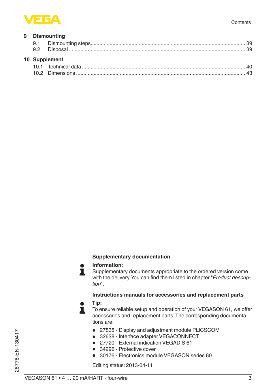 VEGA VEGASON 61 4 … 20 mA_HART - four-wire User Manual | Page 3 / 48