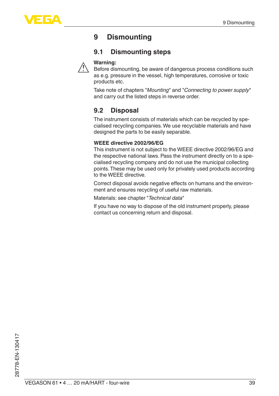 9 dismounting | VEGA VEGASON 61 4 … 20 mA_HART - four-wire User Manual | Page 39 / 48