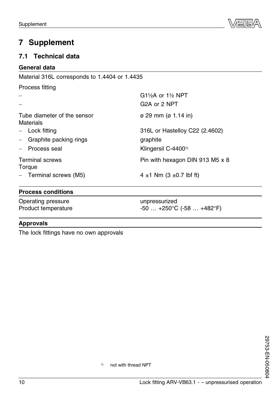 7 supplement, 1 technical data | VEGA VEGAVIB 63 Lock ﬁtting ARV-VB63.1 – unpressurised operation User Manual | Page 10 / 12