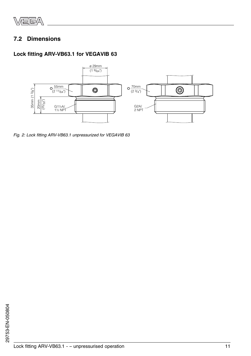 2 dimensions | VEGA VEGAVIB 63 Lock ﬁtting ARV-VB63.1 – unpressurised operation User Manual | Page 11 / 12