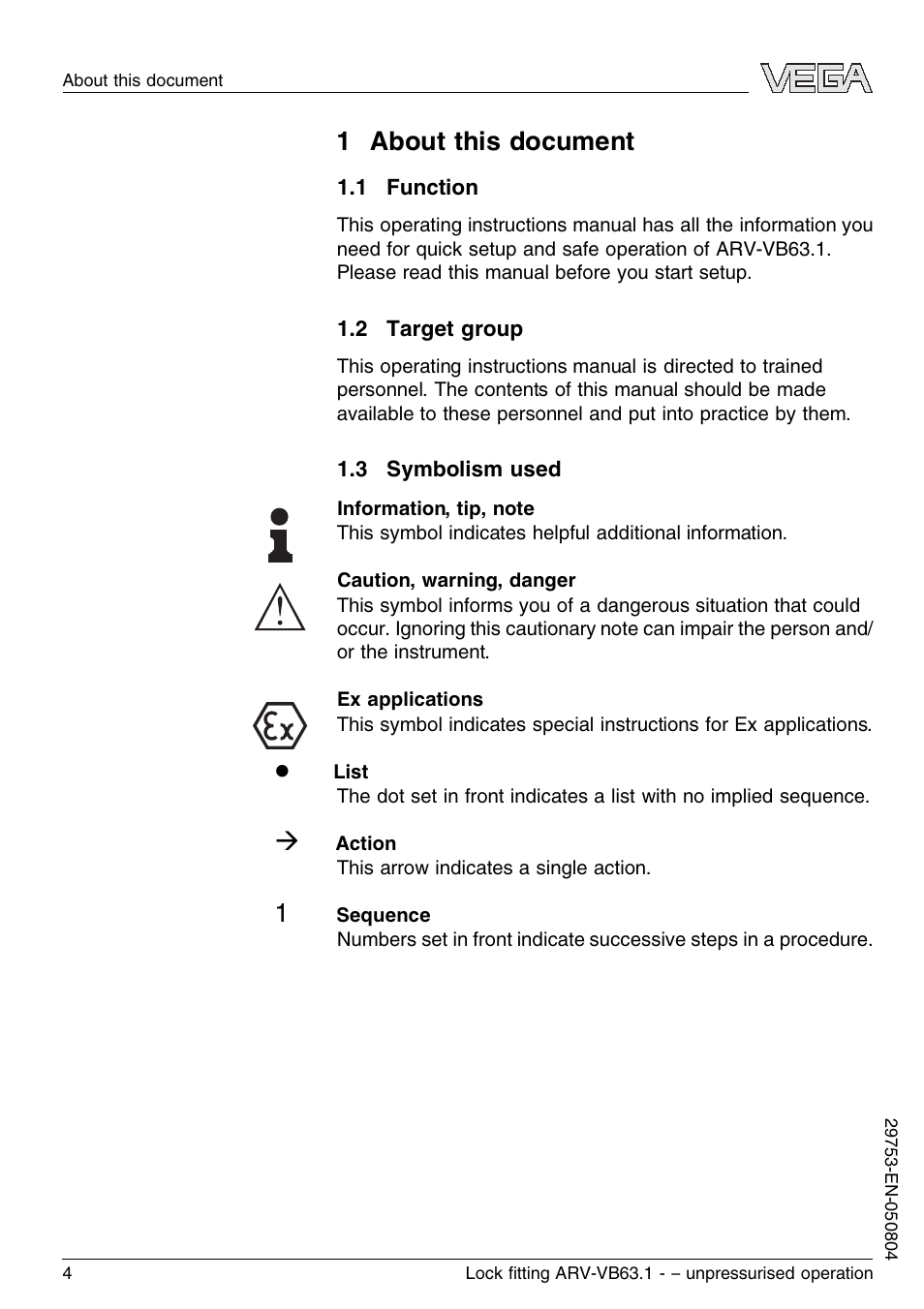 1 about this document, 1 function, 2 target group | 3 symbolism used | VEGA VEGAVIB 63 Lock ﬁtting ARV-VB63.1 – unpressurised operation User Manual | Page 4 / 12